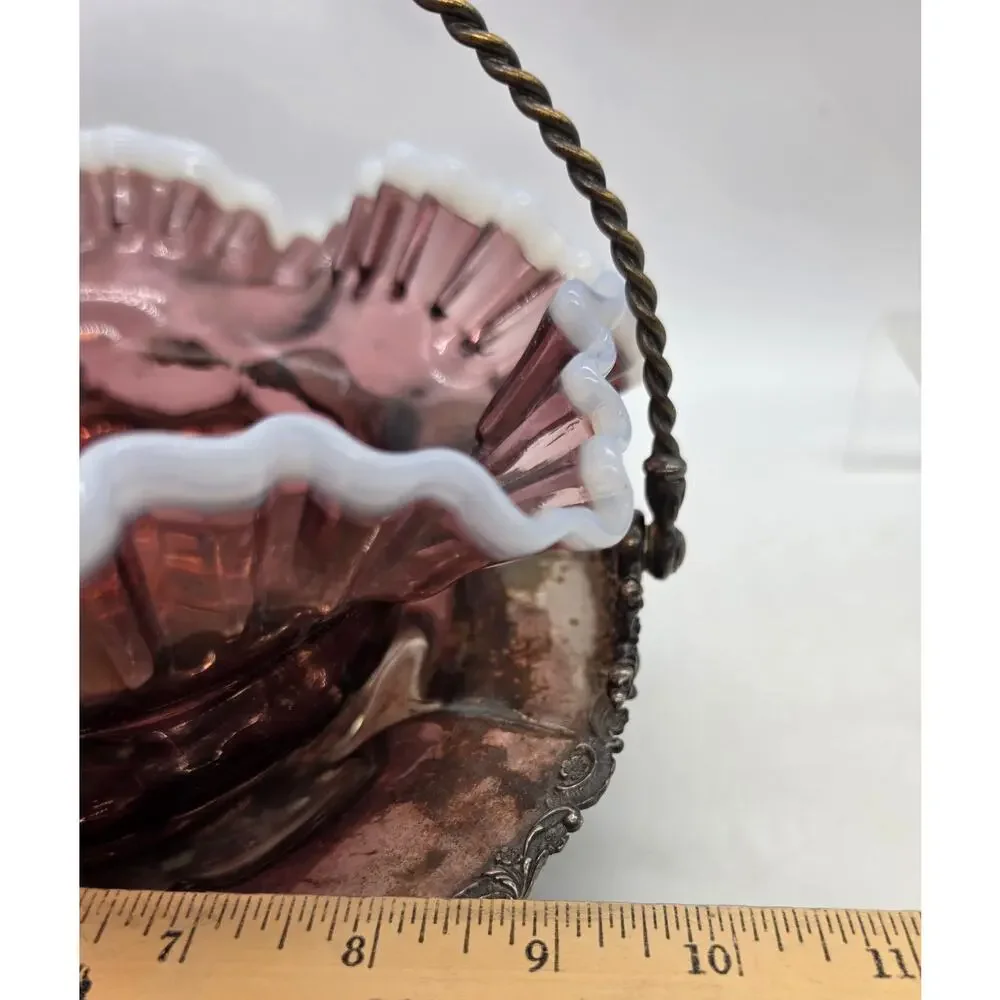 Antique Silver-Plated Brides Basket W/ Ruffled Cranberry And White Glass Bowl
